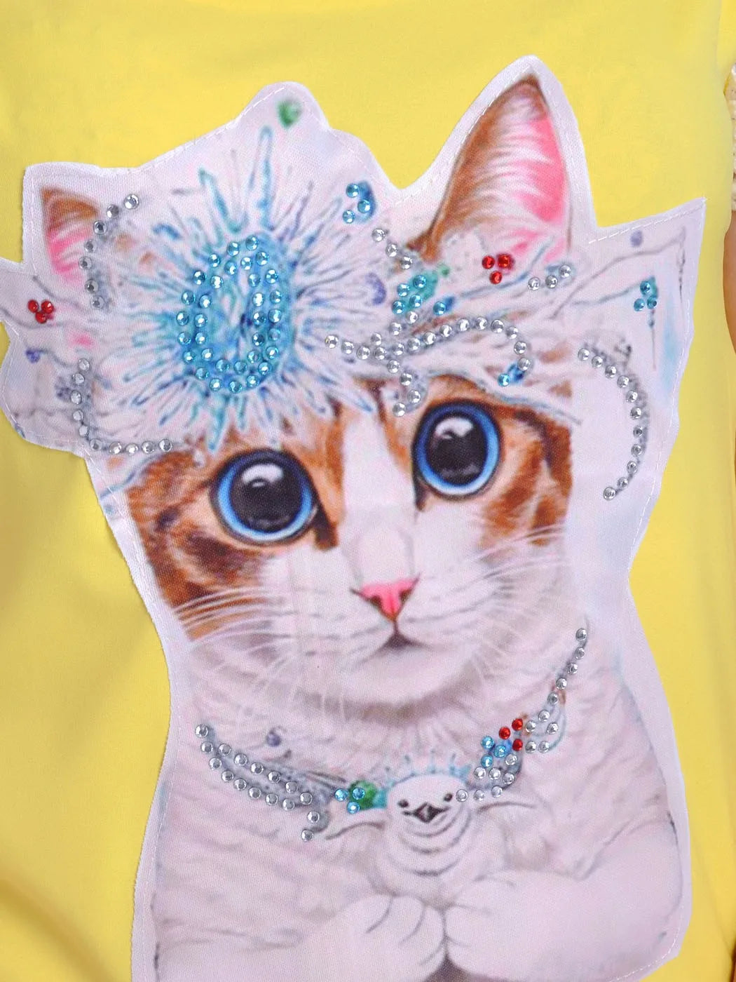 Yellow Bead Embellished Cat Graphic Tshirt