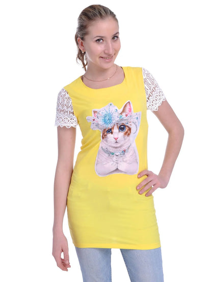 Yellow Bead Embellished Cat Graphic Tshirt